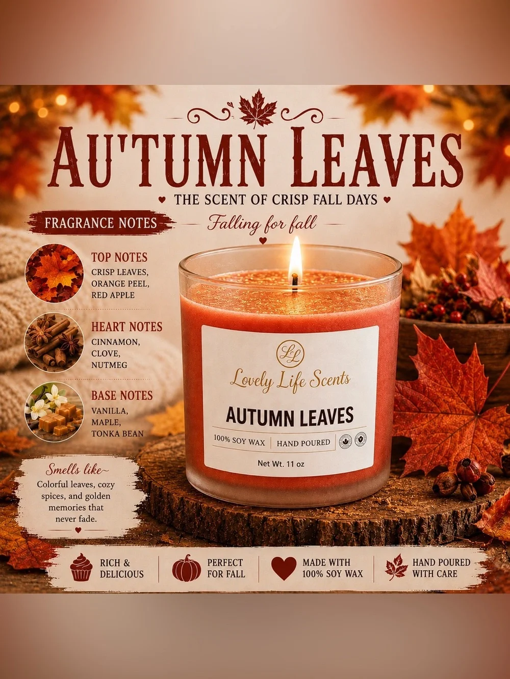 Hand Crafted 11 oz Premium Soy Wax Fall Candle Collection Lovely Life Scents